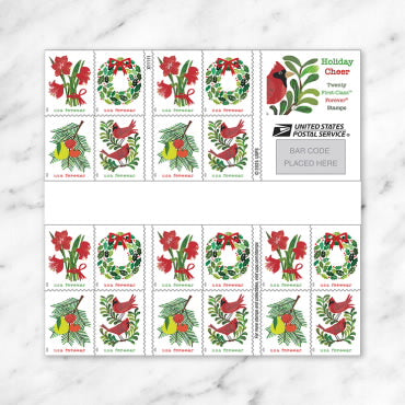 Forever Stamps 2025 Holiday Cheer – Cardinals, Wreath, Holly & Poinsettia Designs, First-Class Postage