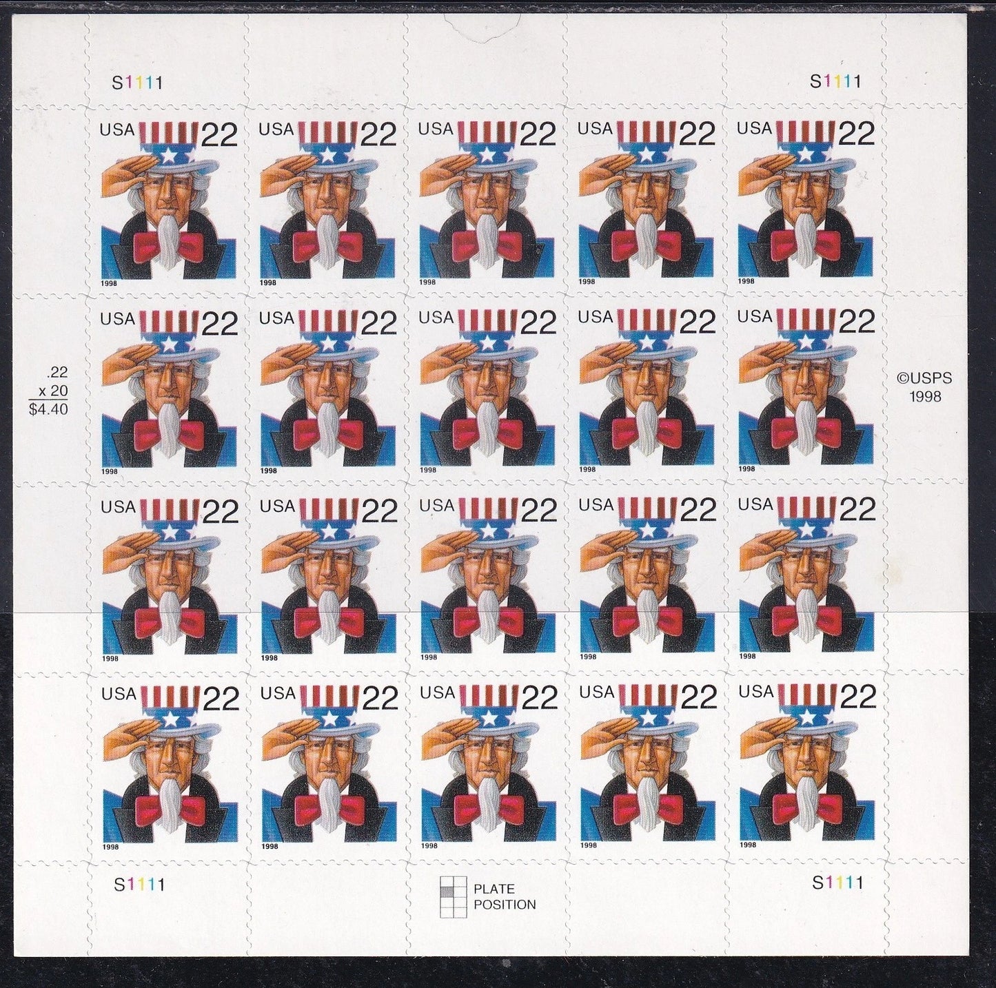 NOT Forever Stamp-22¢ Stamps 1998 Uncle Sam – Patriotic Symbol, First-Class Postage