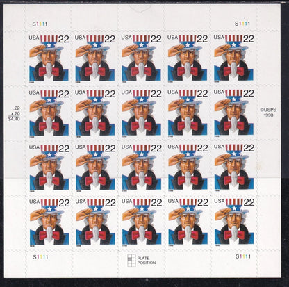 NOT Forever Stamp-22¢ Stamps 1998 Uncle Sam – Patriotic Symbol, First-Class Postage